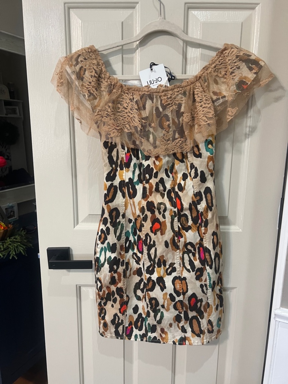 Liu Jo Beige Lace Off-Shoulder Mini Dress with Multicolor Leopard Print